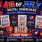 4th of July digital downloads collection featuring patriotic designs, fireworks, American flags, party printables, apparel graphics, and instant download files for Independence Day celebrations.