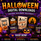 Halloween digital downloads collection featuring spooky designs, pumpkins, haunted house graphics, and instant download files for crafts, printables, apparel, and party decorations.