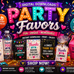 Party favors digital downloads collection featuring thank you tags, favor boxes, treat bags, party printables, and instant download files for celebrations.