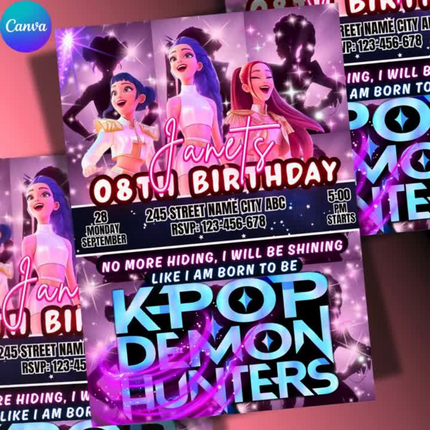 KPOP Demon Hunters Birthday invitation | Kpop Anime Invite | Birthday Card for Kids | EDITABLE K Pop Birthday Invitation | Unique Design
