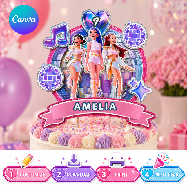 Kpop Huntrix Hunters Canva Editable Printable Cake Topper SVG PNG