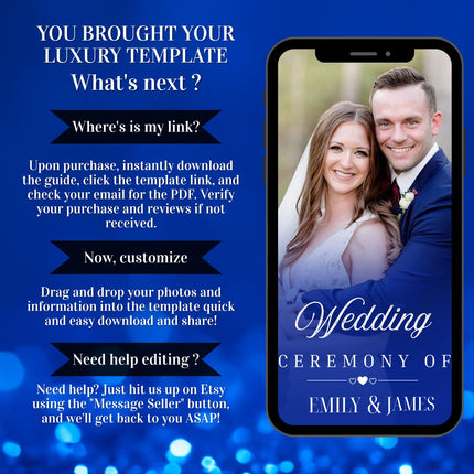 Digital Animated Wedding Invitation Template, Digital Invitation Editable, Canva Template, White, Blue Theme, luxury invite Template
