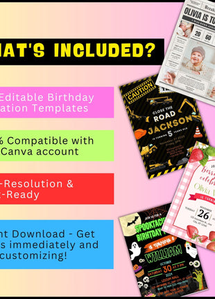 Editable Birthday Party Invitation Bundle, Birthday Invitation Templates, Party Bundle Birthday Bundle, Digital Editable Canva Template Kids