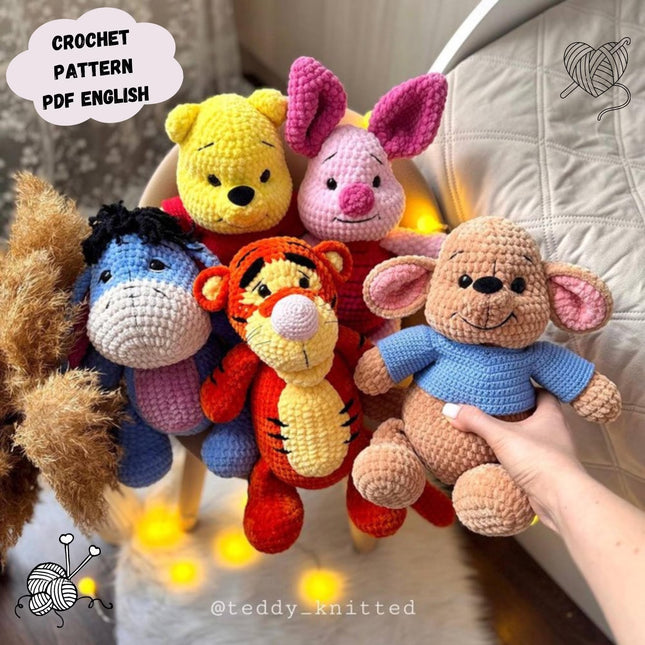 5 in 1 Winnie the Pooh, Piglet, Donkey, Tiger and Little Roo Crochet Pattern- Amigurumi Crochet Pattern- Animal Toy Crochet- Pattern English