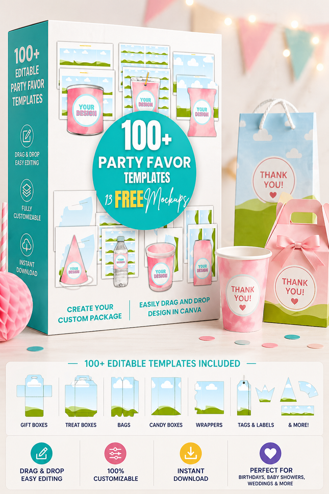 100+ Party Favor Templates Bundle: Editable Canva Mockups