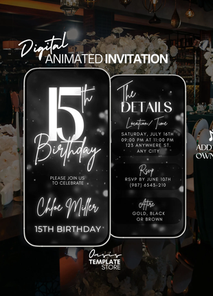 Digital 15th Birthday Video Invitation – Silver Glitter | Editable Canva Template