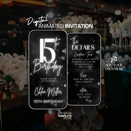 Digital 15th Birthday Video Invitation – Silver Glitter | Editable Canva Template