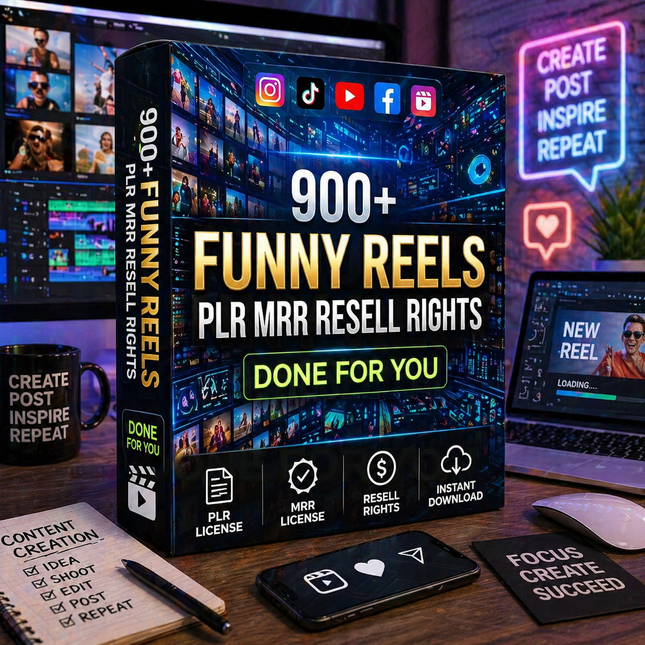Box containing 900+ Funny Reels with digital tools and devices on a desk.