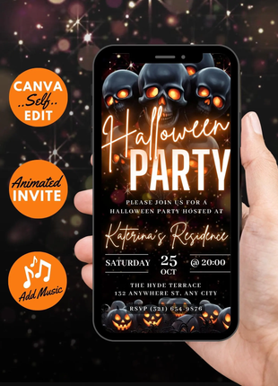 Digital Halloween Party Invitation – Animated Skull Pumpkin Gothic eCard