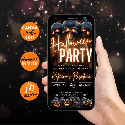 Digital Halloween Party Invitation – Animated Skull Pumpkin Gothic eCard