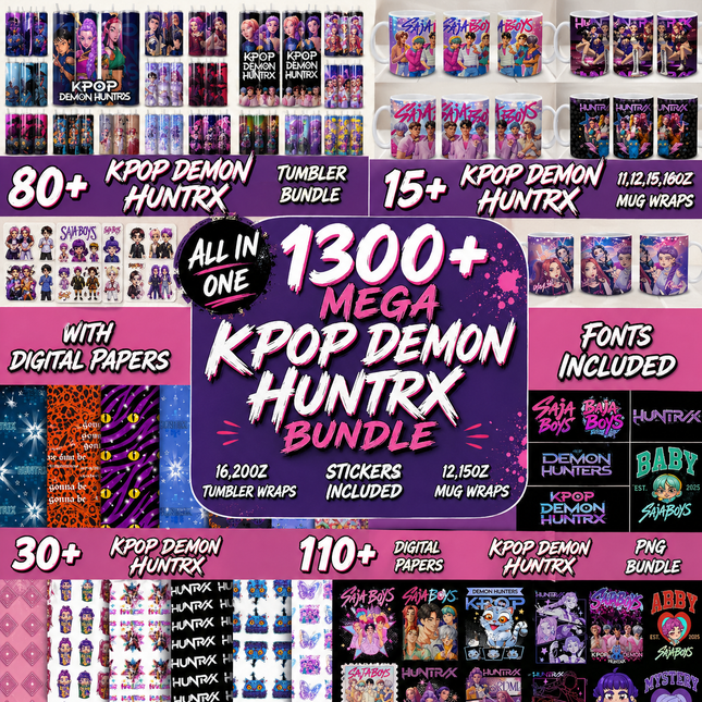 1300+  K-Pop Huntrix Ultimate Mega Bundle K-Pop Demon Hunters Bundle PNG, Tumbler, Mug Wraps Anime Demon Slayer Clipart Pack Free Fonts