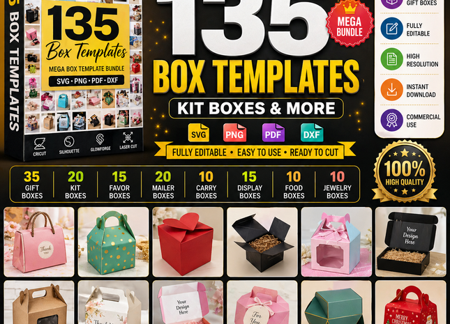 135 Box Templates, Kit Boxes, MEGA BOX TEMPLATE, Part Box, 3D Boxes, Gift Box, Digital Paper Sequin, Noel Box Svg, Cameo Cut Files
