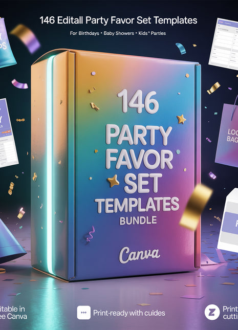 146 Party Favor Set Templates Bundle Party Canva Editable Favors Gift Chip Bag Templates party favor box baby shower party kids