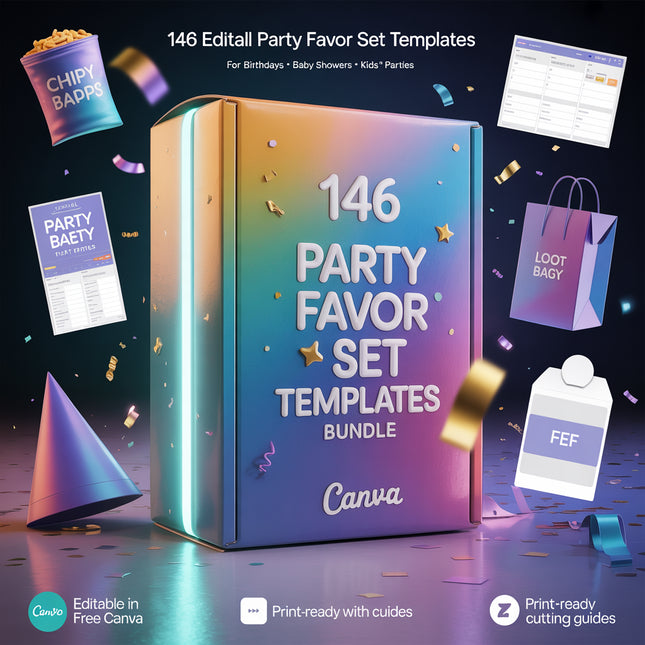 Party Favor Set Templates Bundle Party Canva Editable Favors Gift Chip Bag Templates party favor box baby shower party kids