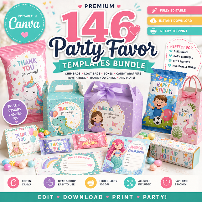 Party Favor Set Templates Bundle Party Canva Editable Favors Gift Chip Bag Templates party favor box baby shower party kids