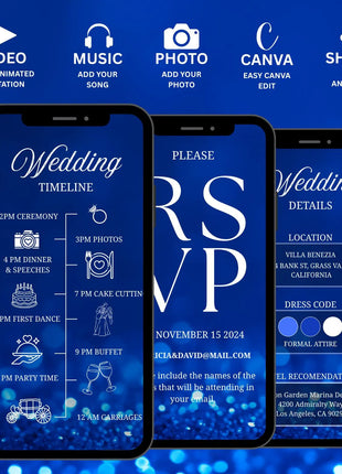Digital Animated Wedding Invitation Template, Digital Invitation Editable, Canva Template, White, Blue Theme, luxury invite Template