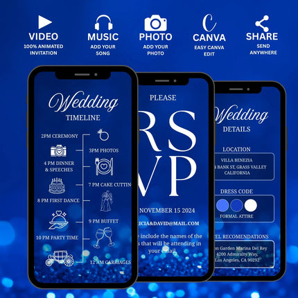 Digital Animated Wedding Invitation Template, Digital Invitation Editable, Canva Template, White, Blue Theme, luxury invite Template