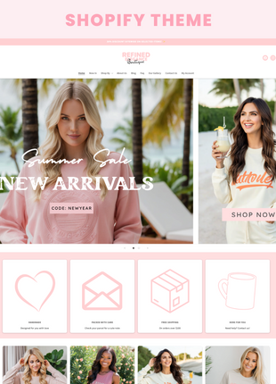 Refined Elegance Pink Shopify Theme: Feminine, Minimal, Cute, Editable Canva