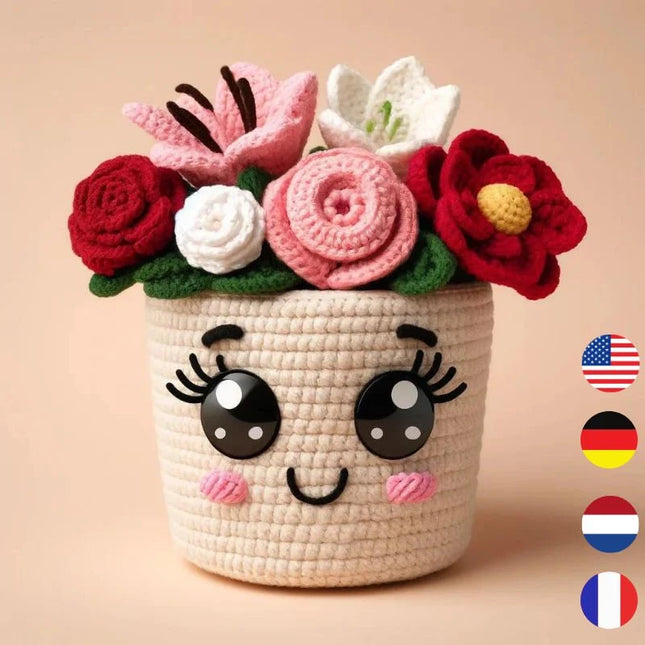 Pot with 5 Flowers Crochet Patterns - Rose, Tulip, Daisy -Valentine gift- mothers day gift flowers pot crochet - English/German/Dutch/français