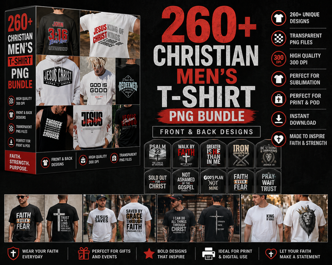 260+ Christian Men's Front and Back PNG Designs, Faith-Based Sayings Designs, Easter Christian Png, Christian POD bundle, Christian Apparel
