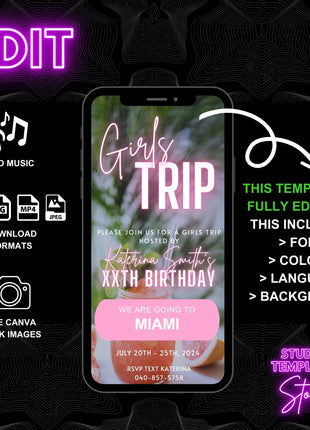 Digital Girls Trip Itinerary Invitation, Animated Birthday Weekend Travel Itinerary, Vacation Schedule Trip, Edit Schedule Planner Template