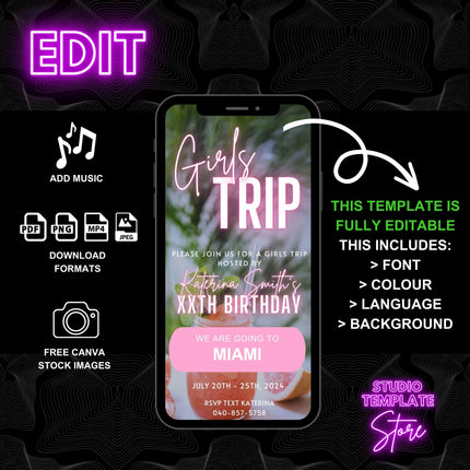 Digital Girls Trip Itinerary Invitation, Animated Birthday Weekend Travel Itinerary, Vacation Schedule Trip, Edit Schedule Planner Template