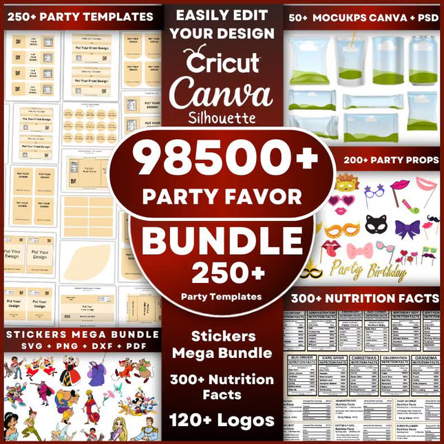 98500+ Party Favor Templates Bundle , Water Bottle Labels, Chip Bag Template, party favors, Chocolate Bar, Capri Sun Labels, Nutrition Facts