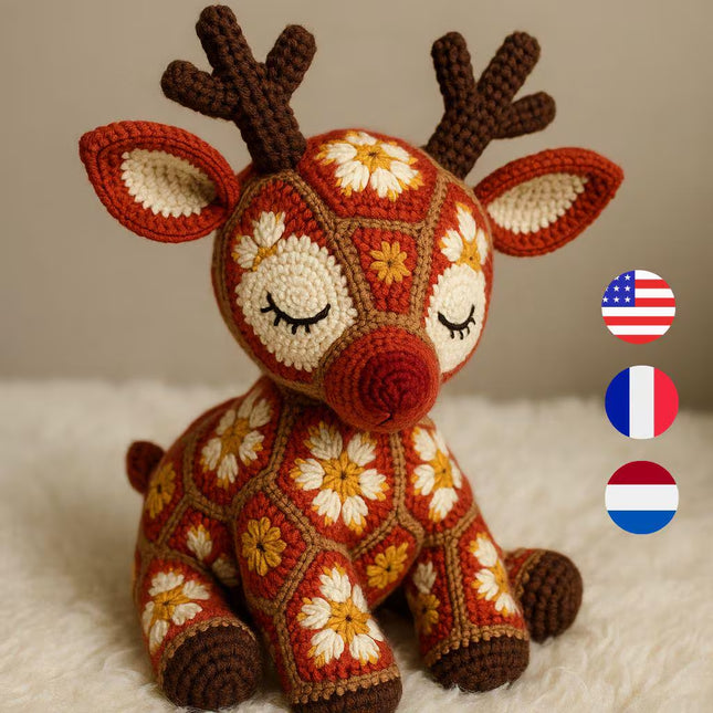 Reindeer African flowers Crochet Pattern, african flowers design, pdf instructions, reindeer amigurumi crochet, ENGLISH, DUTCH, French