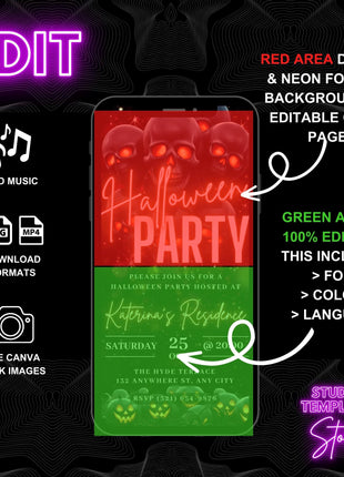 Digital Halloween Party Invitation, Animated Scull Pumpkin Party Video Invite, Gothic Rose Horror eCard, Self Editable DIY Template eCard