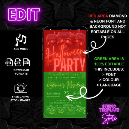 Digital Halloween Party Invitation, Animated Scull Pumpkin Party Video Invite, Gothic Rose Horror eCard, Self Editable DIY Template eCard