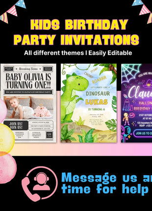Editable Birthday Party Invitation Bundle, Birthday Invitation Templates, Party Bundle Birthday Bundle, Digital Editable Canva Template Kids