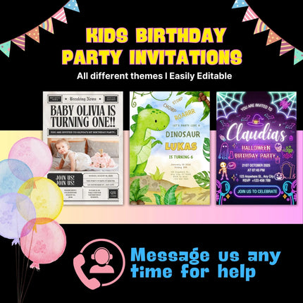 Editable Birthday Party Invitation Bundle, Birthday Invitation Templates, Party Bundle Birthday Bundle, Digital Editable Canva Template Kids