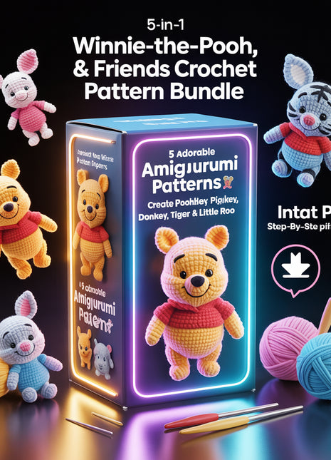5 in 1 Winnie the Pooh, Piglet, Donkey, Tiger and Little Roo Crochet Pattern- Amigurumi Crochet Pattern- Animal Toy Crochet- Pattern English