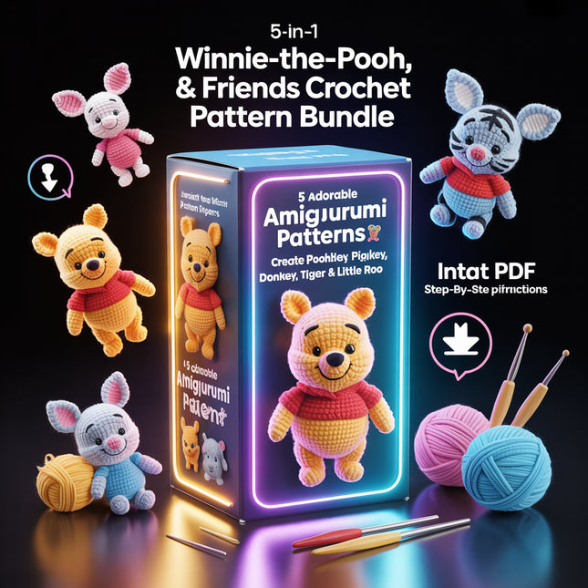 5 in 1 Winnie the Pooh, Piglet, Donkey, Tiger and Little Roo Crochet Pattern- Amigurumi Crochet Pattern- Animal Toy Crochet- Pattern English