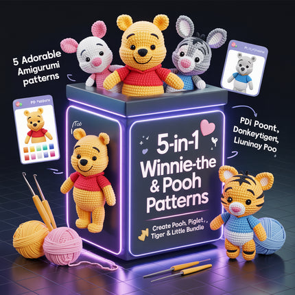 5 in 1 Winnie the Pooh, Piglet, Donkey, Tiger and Little Roo Crochet Pattern- Amigurumi Crochet Pattern- Animal Toy Crochet- Pattern English