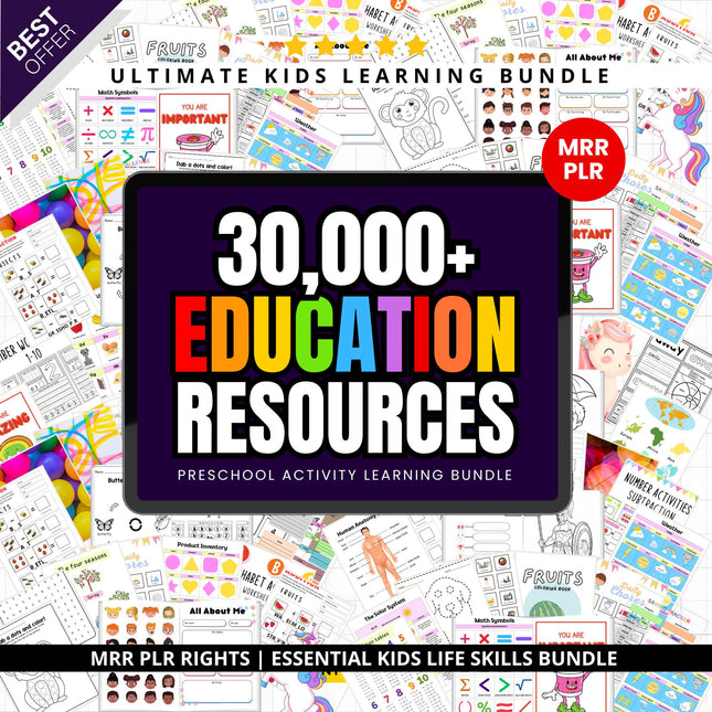 Kids Education Resources Teachers Parents Worksheets For Kids Classroom Activities, DFY Digital Product Bundle, PLR MRR Master Resell Rights