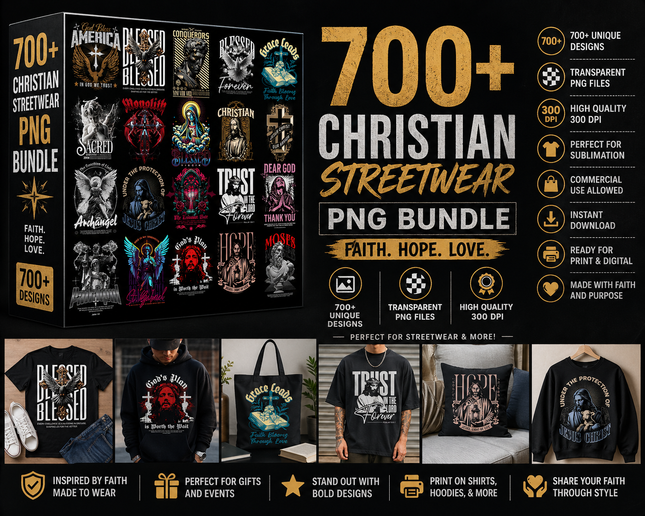 700+ Christian Streetwear PNG Bundle | Jesus Faith T-Shirt Designs | Trendy Religious PNGs for Sublimation, POD, Cricut & Printing