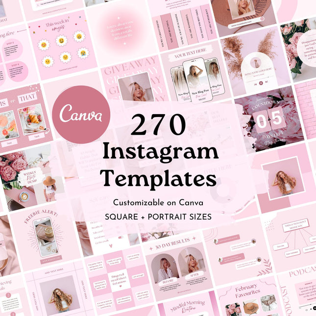 270 Pink Instagram Templates | Pink Social Media Templates| Boho Canva Templates | Instagram Post and story Templates | Engagement templates