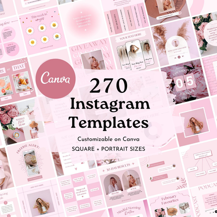 270 Pink Instagram Templates | Pink Social Media Templates| Boho Canva Templates | Instagram Post and story Templates | Engagement templates