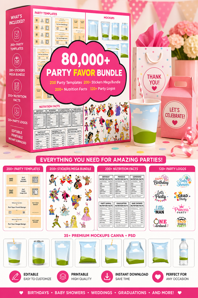 80000+ Canva Party Favor Templates Bundle, Party Favor Logo, Water Bottle Labels, Chip Bag Template, party favours, Chocolate Bar, Party Templates