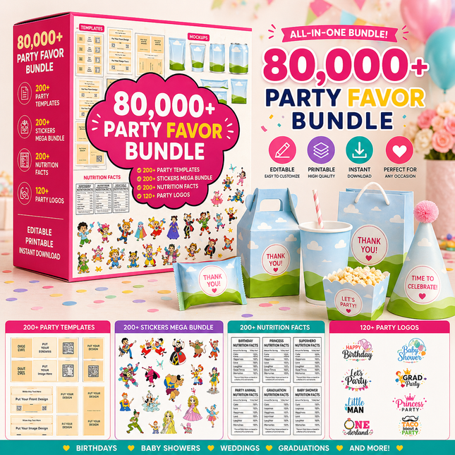 80000+ Canva Party Favor Templates Bundle, Party Favor Logo, Water Bottle Labels, Chip Bag Template, party favours, Chocolate Bar, Party Templates