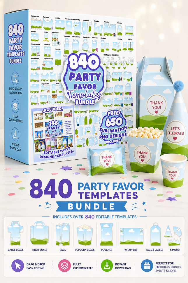 840 Party Favor Templates Bundle Party Canva Editable Favors Gift Chip Bag Templates party favor box baby shower party kids