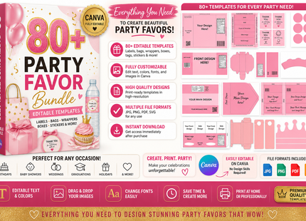 85 Editable Party Favor Templates Bundle — Labels, Bags, Wrappers