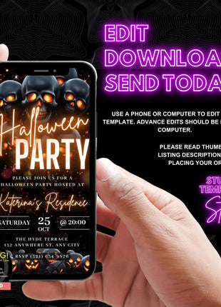 Digital Halloween Party Invitation, Animated Scull Pumpkin Party Video Invite, Gothic Rose Horror eCard, Self Editable DIY Template eCard