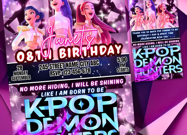 KPOP Demon Hunters Birthday invitation | Kpop Anime Invite | Birthday Card for Kids | EDITABLE K Pop Birthday Invitation | Unique Design