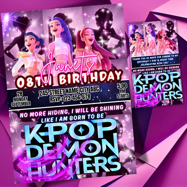 KPOP Demon Hunters Birthday invitation | Kpop Anime Invite | Birthday Card for Kids | EDITABLE K Pop Birthday Invitation | Unique Design