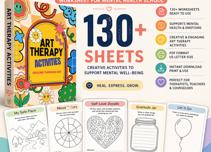 Más de 130 hojas de trabajo de arteterapia para la salud mental escolar, autoestima, trabajo social terapéutico, hoja de trabajo terapéutica, PDF digital, cuaderno de trabajo de terapia