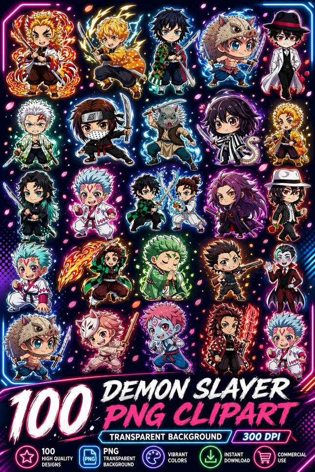Demon Slayer Chibi Clipart PNG Bundle, Anime Fan Art