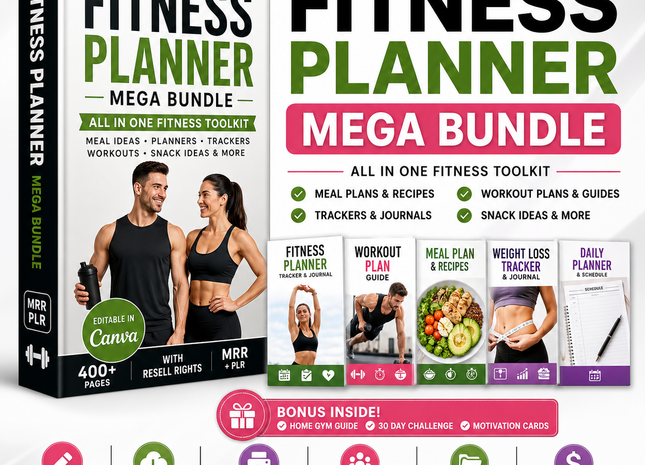 Editable Fitness PLR and MRR Bundle: Planners, Journals, Recipes