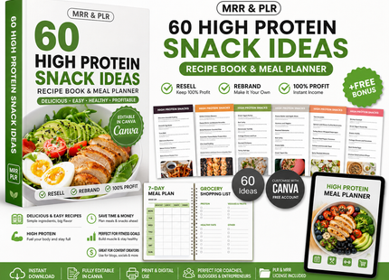 Libro de recetas editable de refrigerios ricos en proteínas y planificador de comidas de Canva